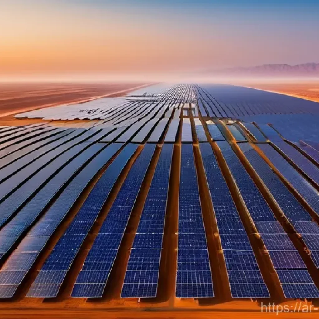 신재생에너지발전설비 이론과 실제 사례 비교 - **Prompt:** A breathtaking, expansive aerial view of a colossal solar energy park stretching across ...