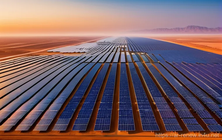 신재생에너지발전설비 이론과 실제 사례 비교 - **Prompt:** A breathtaking, expansive aerial view of a colossal solar energy park stretching across ...