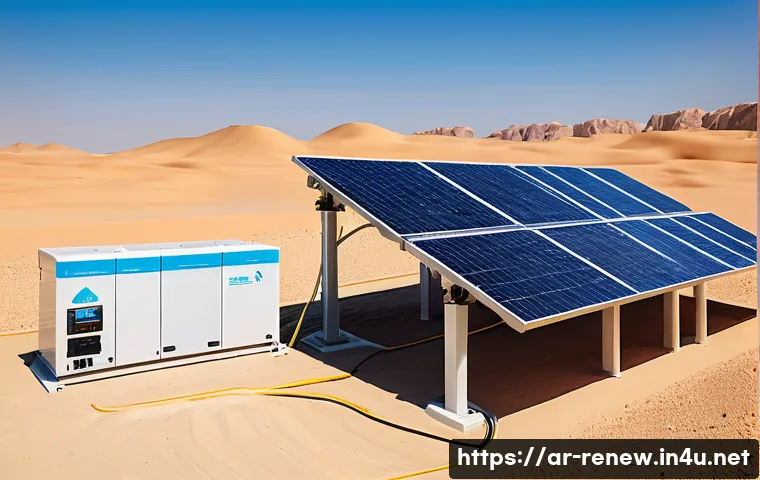 신재생에너지발전설비 이론 공부법 - A detailed illustration of a modern solar energy system installation in a sunny Saudi Arabian desert...