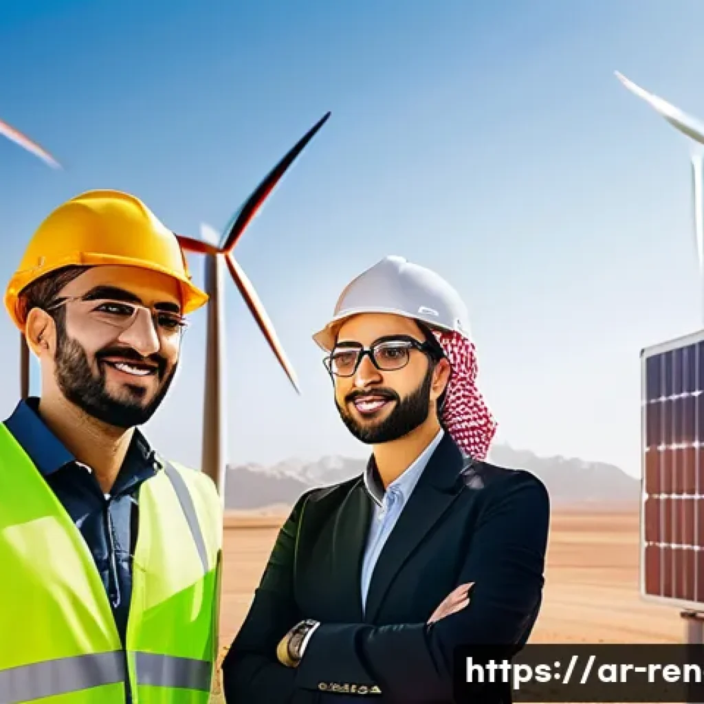 신재생에너지발전설비 취업 면접 질문 예상 - A detailed scene showing a diverse team of Arab engineers and technicians collaborating at a modern ...
