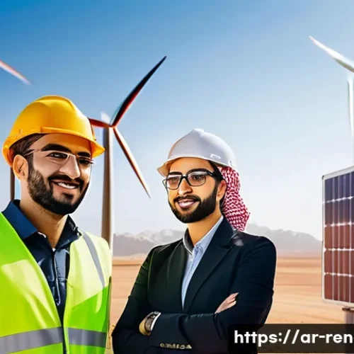 신재생에너지발전설비 취업 면접 질문 예상 - A detailed scene showing a diverse team of Arab engineers and technicians collaborating at a modern ...
