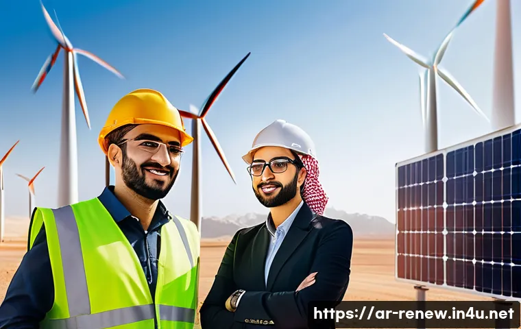 신재생에너지발전설비 취업 면접 질문 예상 - A detailed scene showing a diverse team of Arab engineers and technicians collaborating at a modern ...