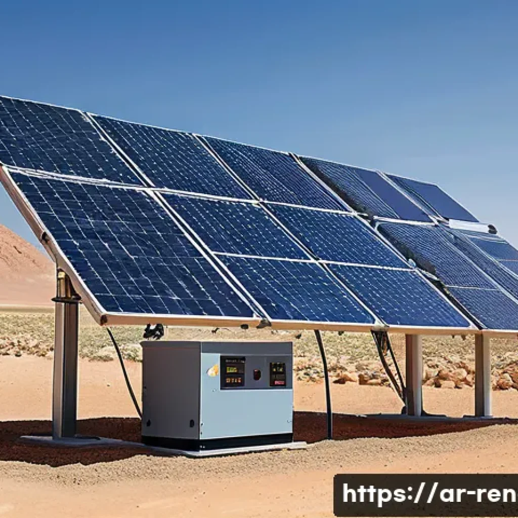 신재생에너지발전설비 필기시험에서 자주 나오는 질문 - A detailed, realistic depiction of a modern solar power system installation in a Middle Eastern dese...