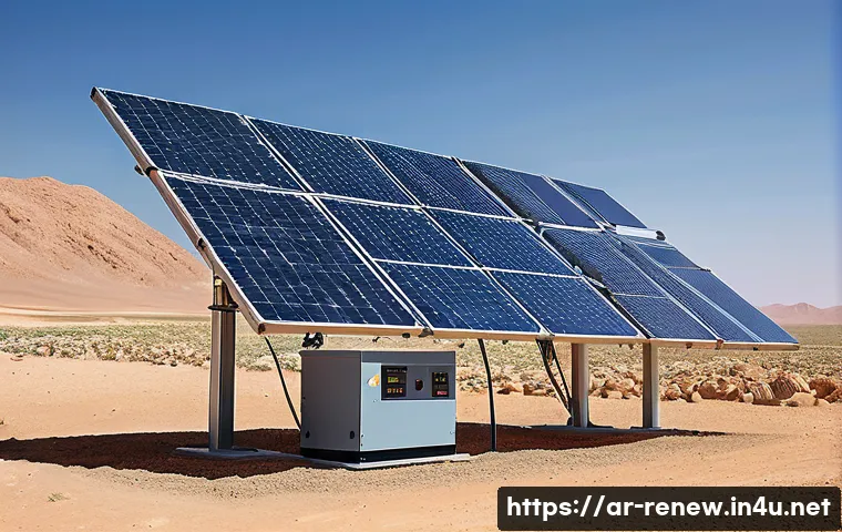 신재생에너지발전설비 필기시험에서 자주 나오는 질문 - A detailed, realistic depiction of a modern solar power system installation in a Middle Eastern dese...