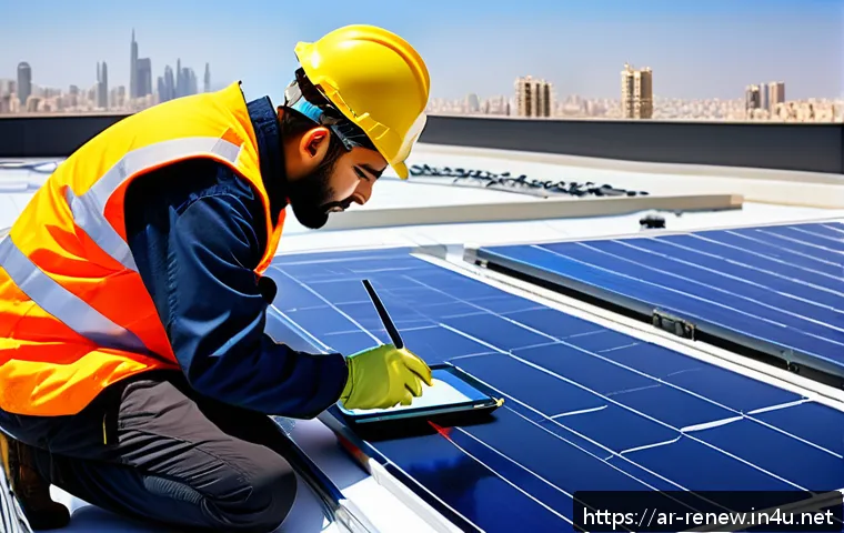 신재생에너지발전설비 자격증 관련 법규 이해 - A skilled renewable energy technician wearing protective work clothes and safety gloves, installing ...
